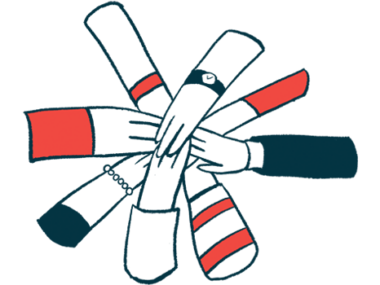 This illustration of collaboration shows a circle of eight hands touching.