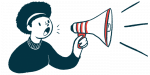 trofinetide | Rett Syndrome News | announcement illustration of woman with megaphone