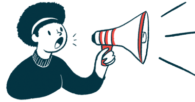 A woman speaks through a megaphone in this announcement illustration.