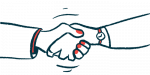 A handshake illustration shows two people clasping hands.