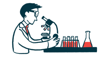 An illustration shows a scientist looking at a slide using a microscope, with fluid-filled vials about him.