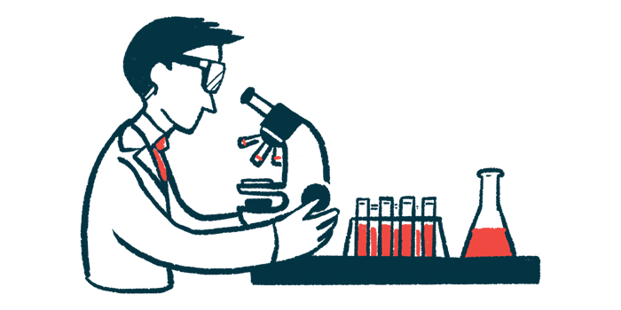 An illustration shows a scientist looking at a slide using a microscope, with fluid-filled vials about him.