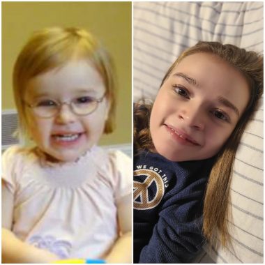 diagnostic anniversary |  Rett Syndrome News |  Side-by-side photos of Cammy show her in January 2011, right after her diagnosis of Rett syndrome, and 11 years later, in January 2022.