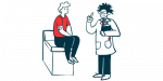 A doctor holding a clipboard speaks with a patient seated on an examining table.