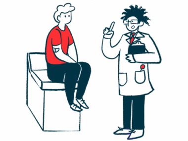 A doctor holding a clipboard speaks with a patient seated on an examining table.