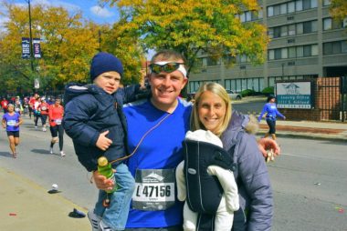 friends | Rett Syndrome News | The Karavas family poses outdoors at the 2012 Chicago Marathon.