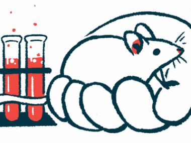 An oversized hand is shown holding a laboratory mouse next to a rack containing three vials of blood.