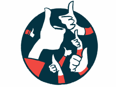 An illustration shows a group of hands giving the thumbs up sign against a black circle backdrop.