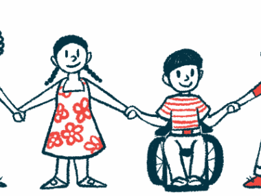 Children, including one in a wheelchair, are shown together in a row, holding hands.