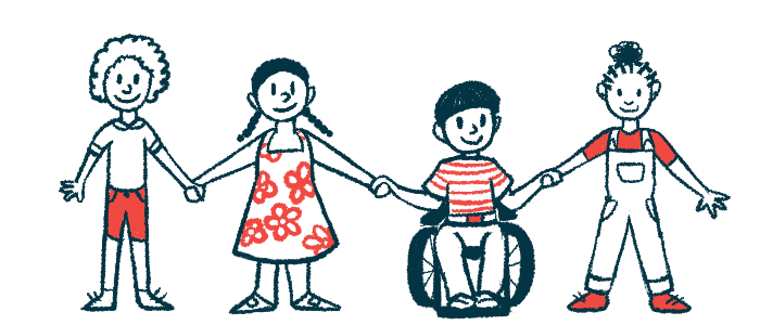 Children, including one in a wheelchair, are shown together in a row, holding hands.