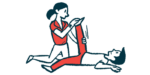 A woman giving physical therapy to a man lying on his back.