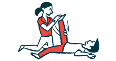 A woman giving physical therapy to a man lying on his back.
