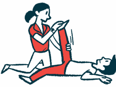 A woman giving physical therapy to a man lying on his back.