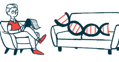A strand of DNA lies on a couch, while a person sits in a nearby armchair, in an illustration to convey gene therapy.