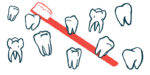 Nearly a dozen individual teeth are pictured with a toothbrush in the background.