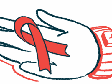 A hand holds a ribbon to raise disease awareness.