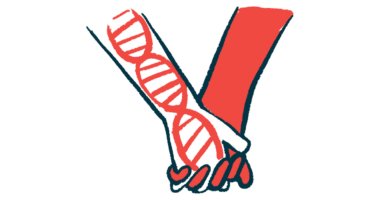 A hand holding an arm showing a DNA strand represents a genetic treatment.