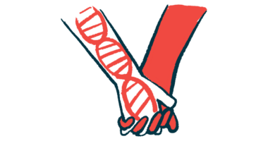 A hand holding an arm showing a DNA strand represents a genetic treatment.