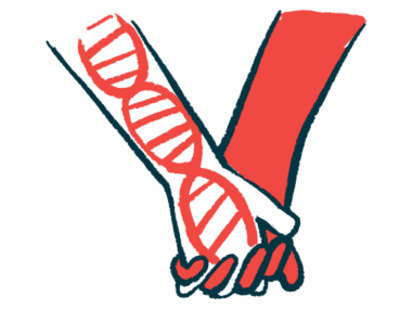 A hand holding an arm showing a DNA strand represents a genetic treatment.