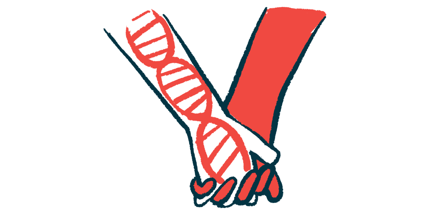 A hand holding an arm showing a DNA strand represents a genetic treatment.
