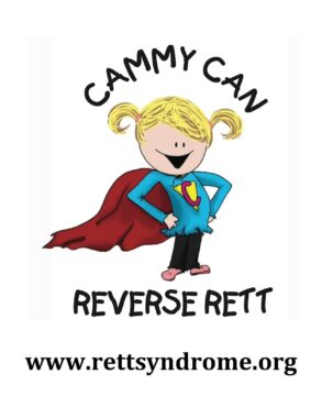 A cartoon logo shows a girl with blond ponytails wearing a blue superhero outfit with a large "C" on the chest and a red cape. Above the cartoon figure are the words "Cammy Can," and below it, "Reverse Rett," followed by "www.rettsyndrome.org." 
