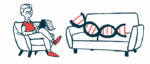 Gene therapy illustration of a DNA strand on a couch with a therapist seated in a chair beside it.
