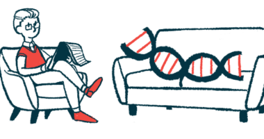 Gene therapy illustration of a DNA strand on a couch with a therapist seated in a chair beside it.