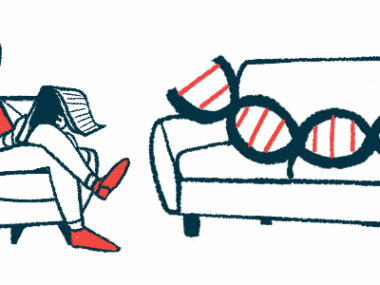 Gene therapy illustration of a DNA strand on a couch with a therapist seated in a chair beside it.