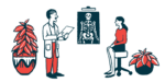 A doctor talks to a patient sitting on a stool while an X-ray is shown.