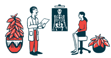 A doctor talks to a patient sitting on a stool while an X-ray is shown.