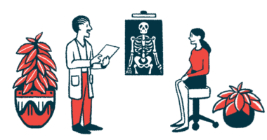 A doctor talks to a patient sitting on a stool while an X-ray is shown.