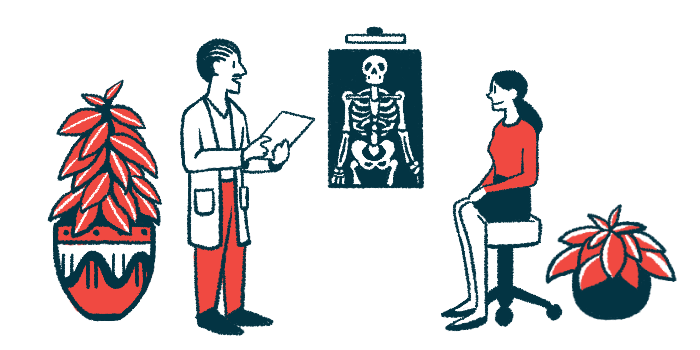 A doctor talks to a patient sitting on a stool while an X-ray is shown.