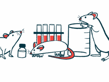 Three mice cluster around lab equipment including a rack with four filled vials and a beaker.