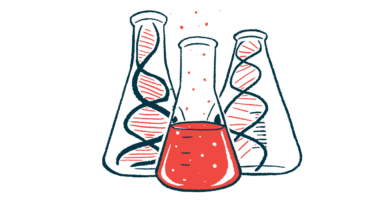 Two bottles, each containing a strand of DNA, are pictured behind a third bottle filled with red liquid.