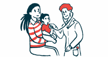 A clinician uses a stethoscope to examine a child seated on her parent's lap.