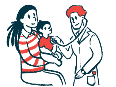 A clinician uses a stethoscope to examine a child seated on her parent's lap.