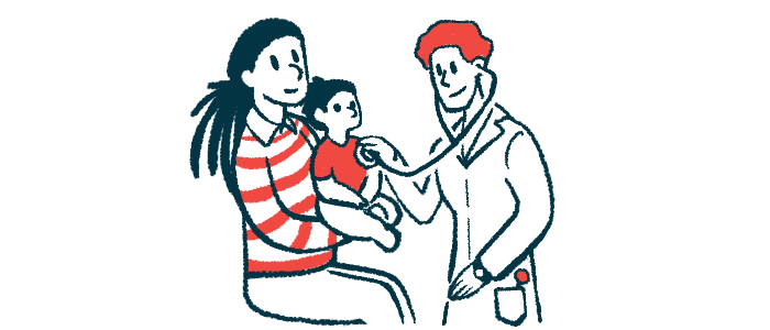 A clinician uses a stethoscope to examine a child seated on her parent's lap.