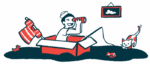 A child wearing a sailor hat looks through a telescope and uses a cardboard box as a boat, while a cat shows interest in a fish on the end of fishing line.