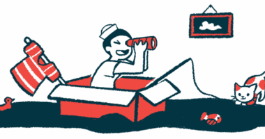 A child wearing a sailor hat looks through a telescope and uses a cardboard box as a boat, while a cat shows interest in a fish on the end of fishing line.