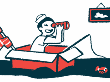 A child wearing a sailor hat looks through a telescope and uses a cardboard box as a boat, while a cat shows interest in a fish on the end of fishing line.