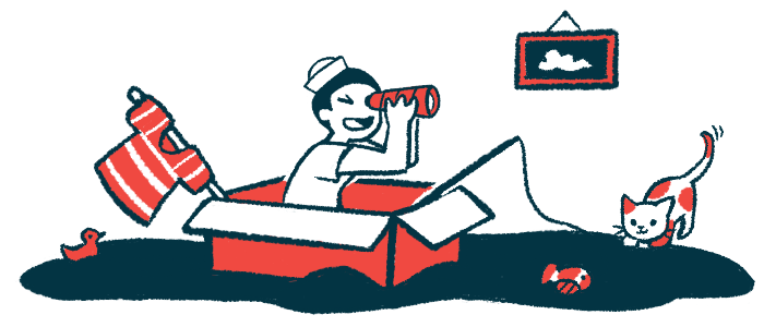 A child wearing a sailor hat looks through a telescope and uses a cardboard box as a boat, while a cat shows interest in a fish on the end of fishing line.