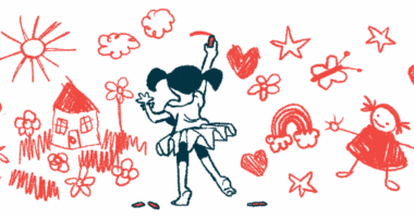 A little girl draws on a wall filled with drawings in red that include hearts, a rainbow, the sun and more.