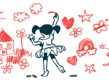 A little girl draws on a wall filled with drawings in red that include hearts, a rainbow, the sun and more.
