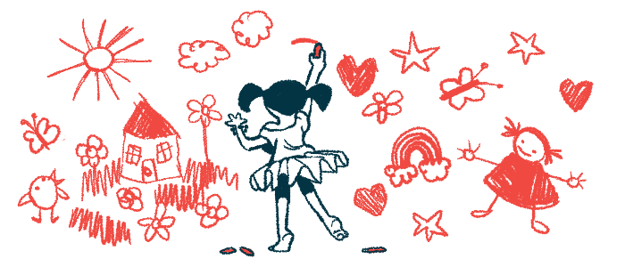 A little girl draws on a wall filled with drawings in red that include hearts, a rainbow, the sun and more.