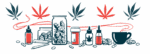 Vials, jars, and a pill bottle are shown along with cannabis leaves.