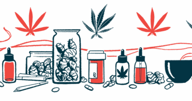 Vials, jars, and a pill bottle are shown along with cannabis leaves.