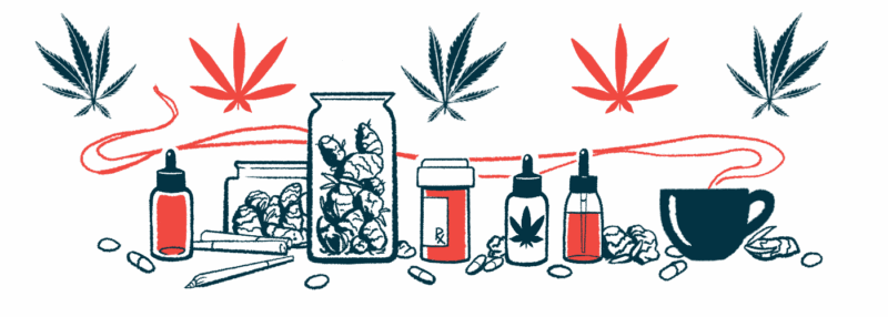 Vials, jars, and a pill bottle are shown along with cannabis leaves.