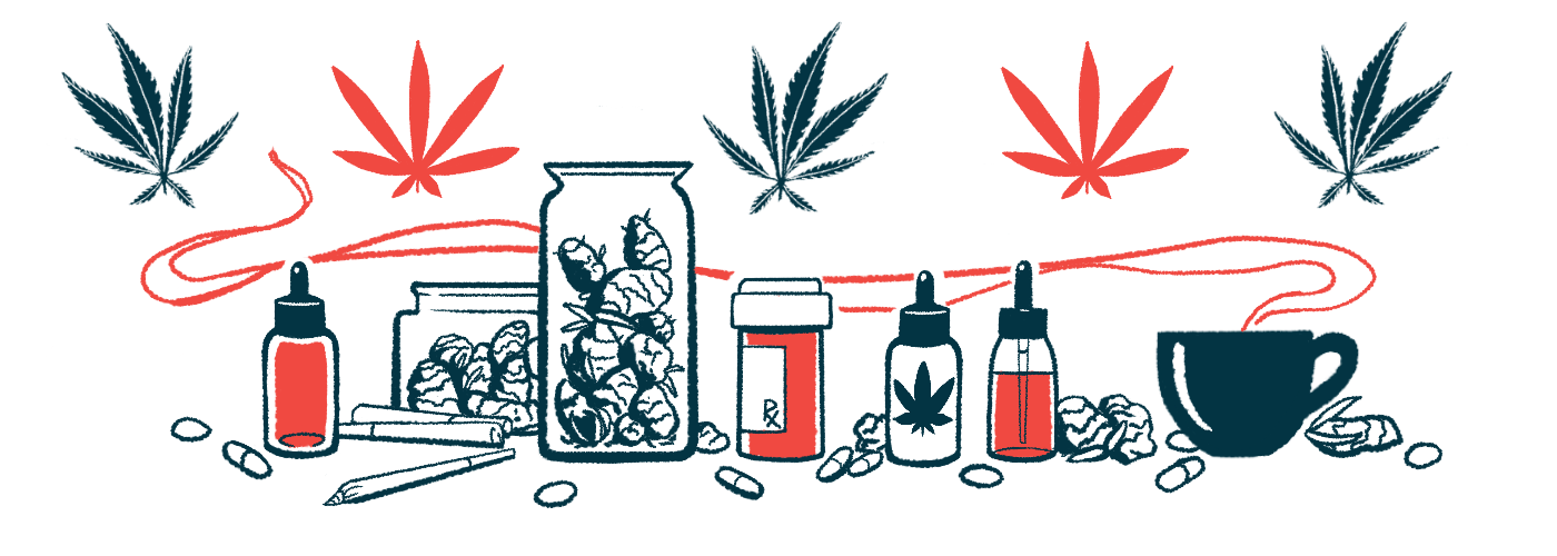 Vials, jars, and a pill bottle are shown along with cannabis leaves.