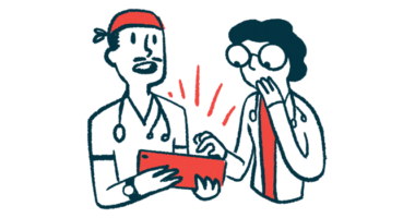Illustration of two healthcare professionals discussing information on a tablet, with one appearing surprised.