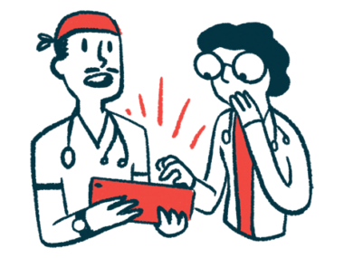 Illustration of two healthcare professionals discussing information on a tablet, with one appearing surprised.